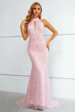 Pink Sequined Halter Neck Keyhole Backless Mermaid Prom Dress