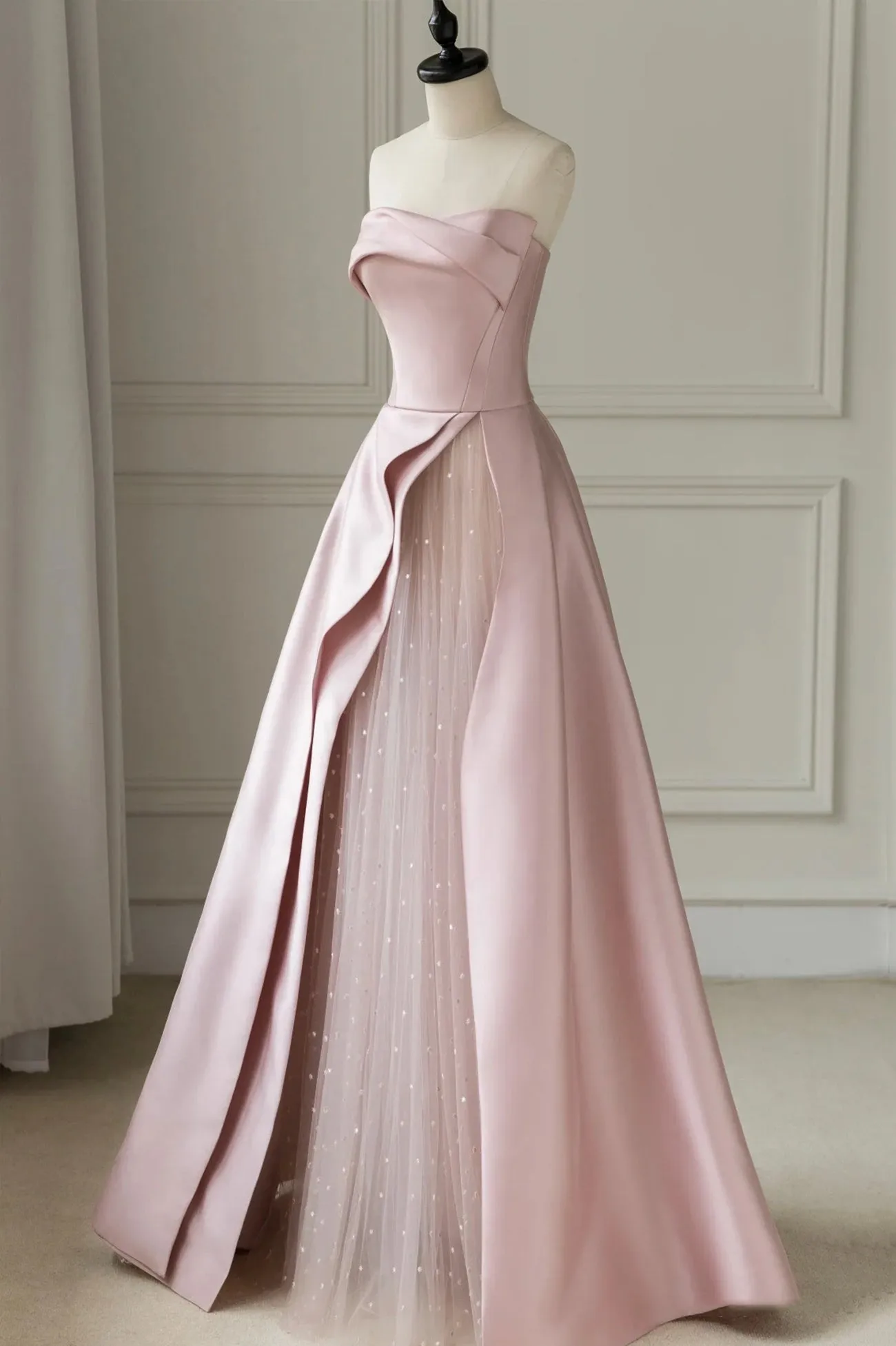 Pink Strapless Satin Floor Length Prom Dress A-Line Formal Evening Dress