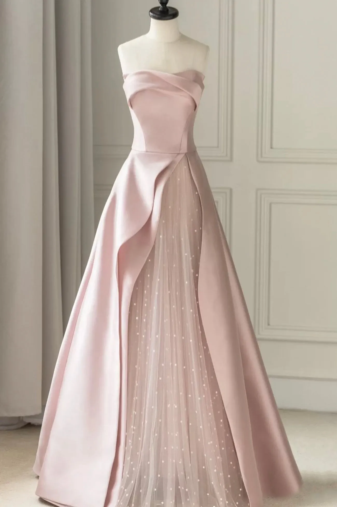 Pink Strapless Satin Floor Length Prom Dress A-Line Formal Evening Dress