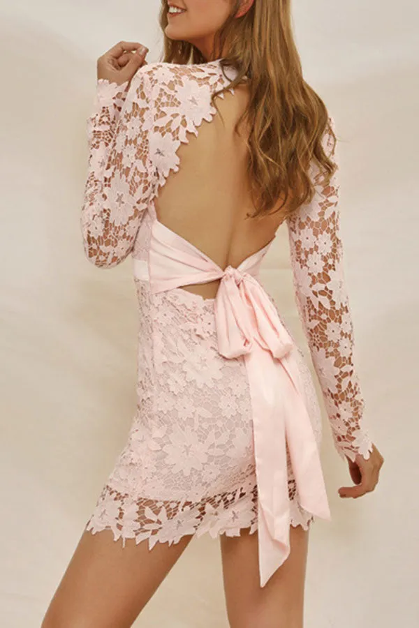 Pink V-neck Lace Backless Mini Dress