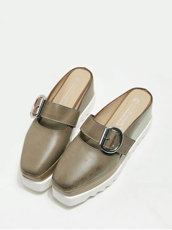 Pretty Buckle Strap Square Toe Platform Slippers