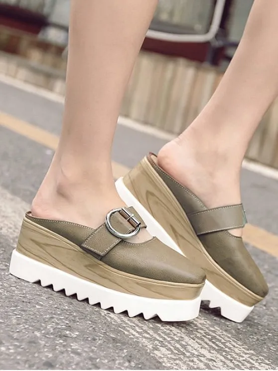 Pretty Buckle Strap Square Toe Platform Slippers