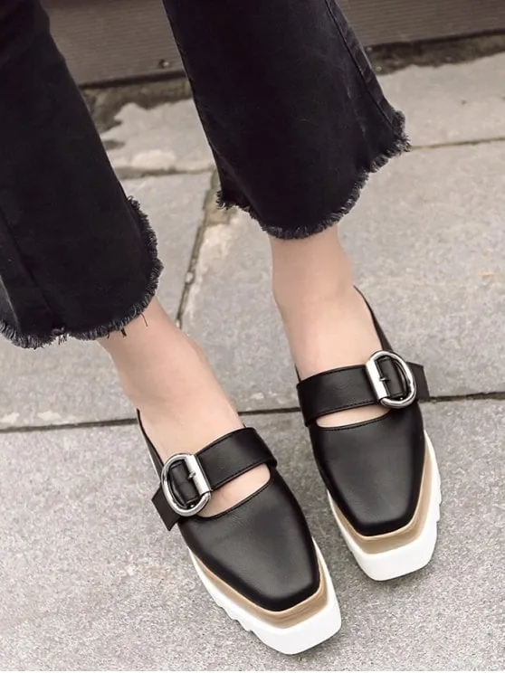 Pretty Buckle Strap Square Toe Platform Slippers