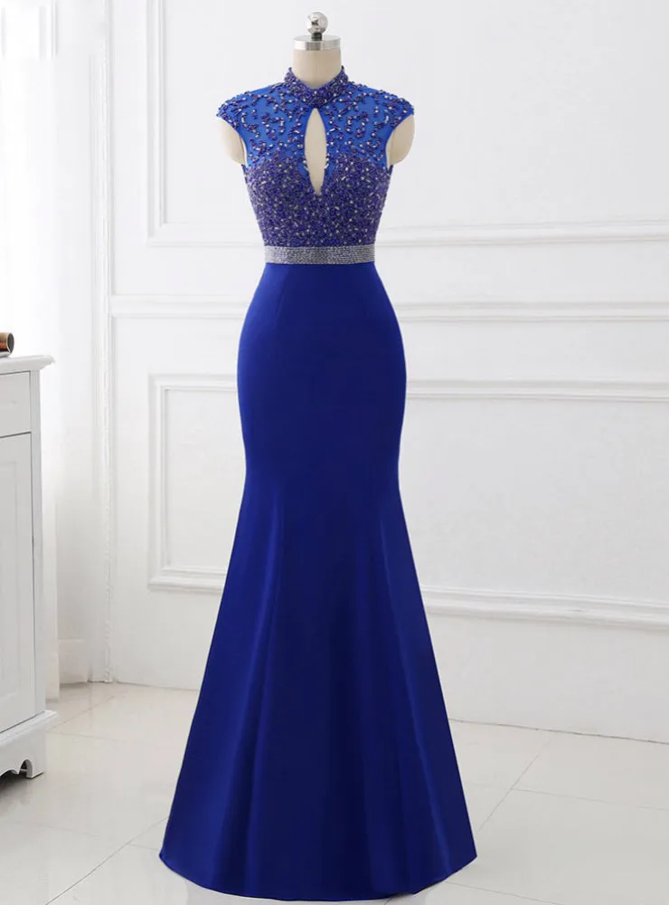 Royal Blue High Collar Sexy Backless Mermaid Prom Dress