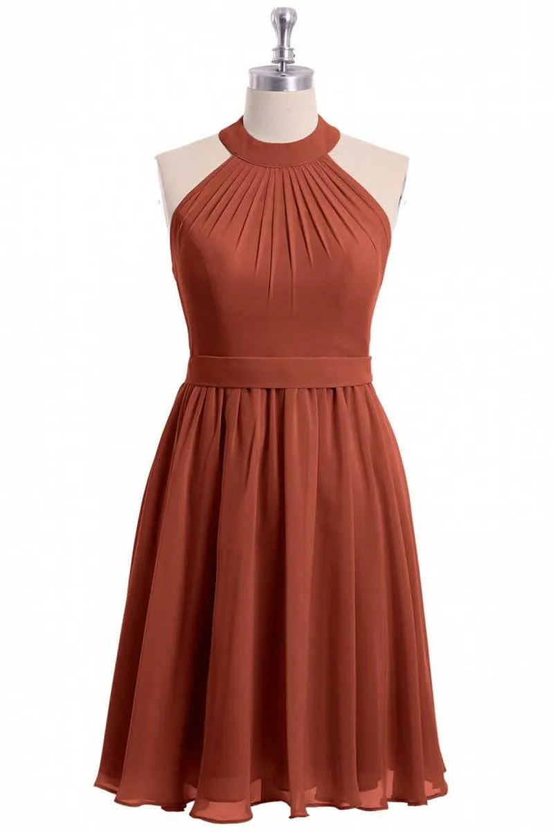 Rust Orange Chiffon Halter Backless A-Line Short Bridesmaid Dress