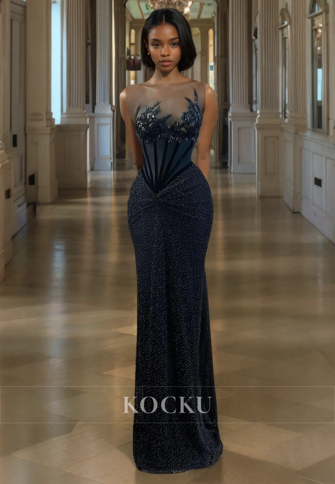 Scoop Neck Sleeveless Mermaid Floor-Length Prom Dress Appliques Lace Party Dress with Beads