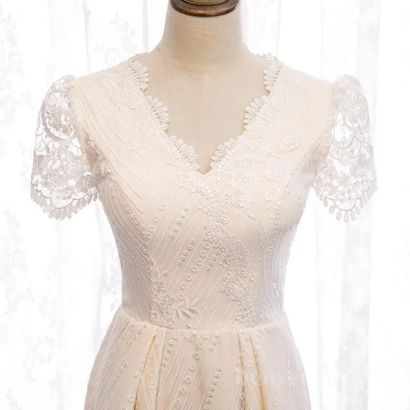 Short Sleeves Short Champagne Lace Prom Dresses, Short Champagne Lace Formal Wedding Dresses