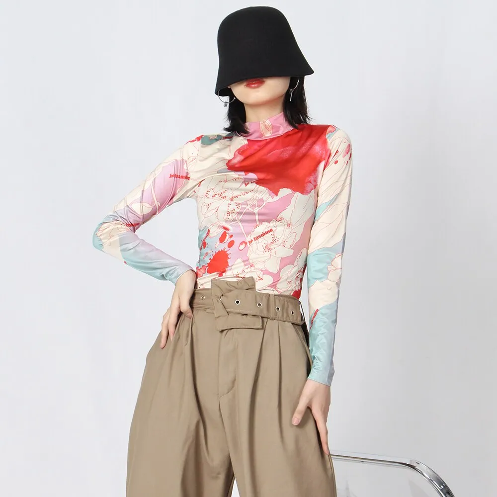 Skinny Print Colorblock T Shirt For Women Turtleneck Long Sleeve Slim T Shirts Female Korean Fashion Clothing Style