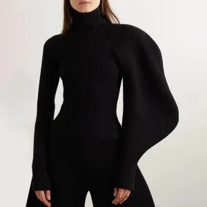 Solid Knitting Minimalist Sweater For Women Turtleneck Lantern Sleeve Slimming Temperament Sweaters Female Fashion Style