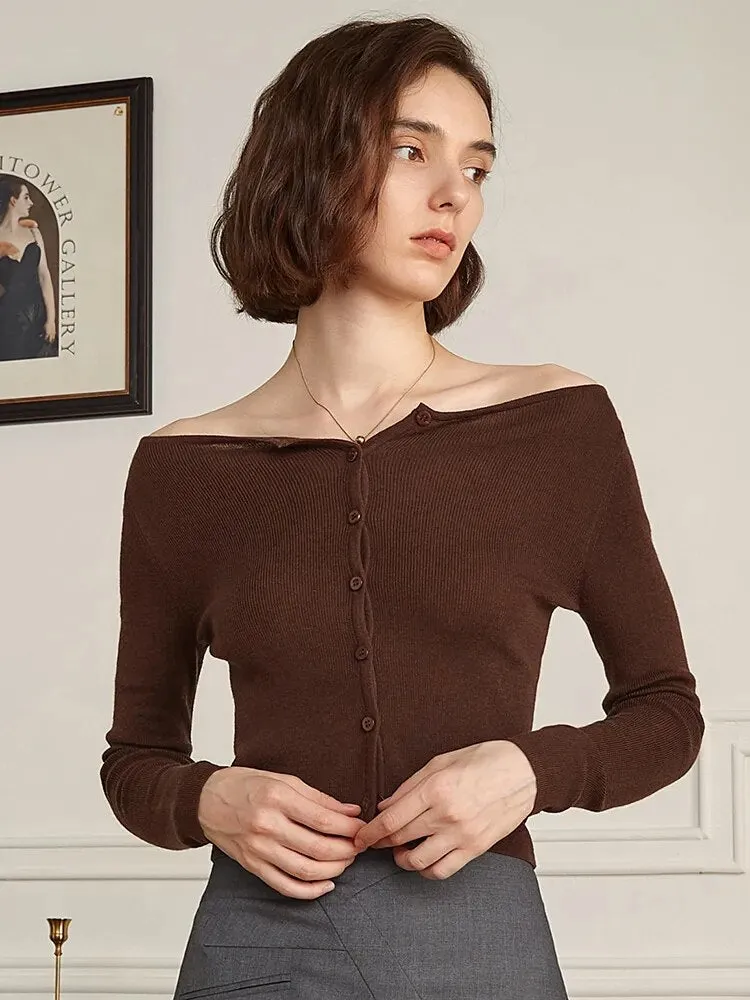 Solid Slimming Knitting Sweaters For Women Slash Neck Long Sleeve Cold Shoulder Patchwork Button Sweater Female