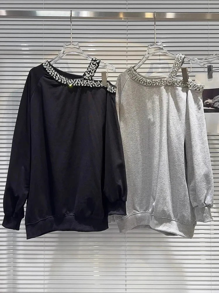 Solid Spliced Diamonds Loose Sweatshirts For Women Irregular Collar Long Sleeve Off Shouldrer Top Female Fashion