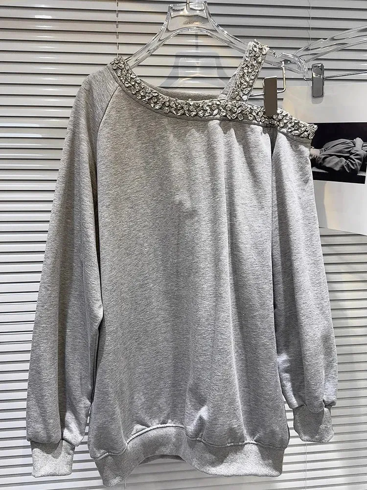 Solid Spliced Diamonds Loose Sweatshirts For Women Irregular Collar Long Sleeve Off Shouldrer Top Female Fashion