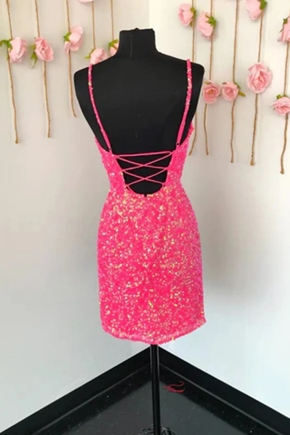 Spaghetti Straps Pink Sequins Short Homecoming Dress with Criss Cross Back