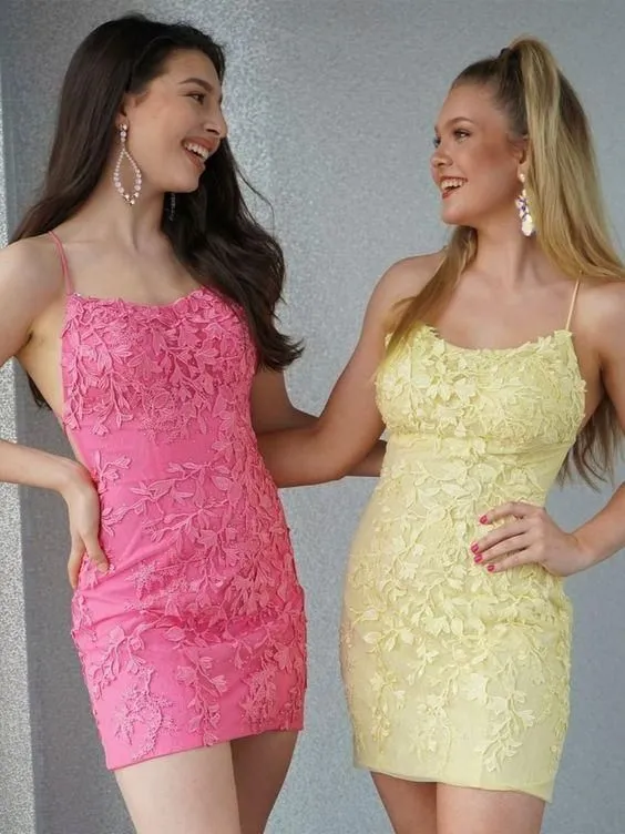 Spaghetti Straps Yellow Lace Homecoming Dresses Short Hoco Dress