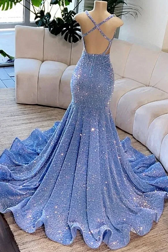 Sparkly V-Neck Sequins Mermaid Prom Dress Sleeveless Party Gown