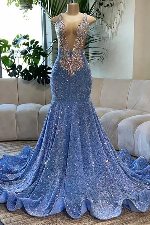 Sparkly V-Neck Sequins Mermaid Prom Dress Sleeveless Party Gown