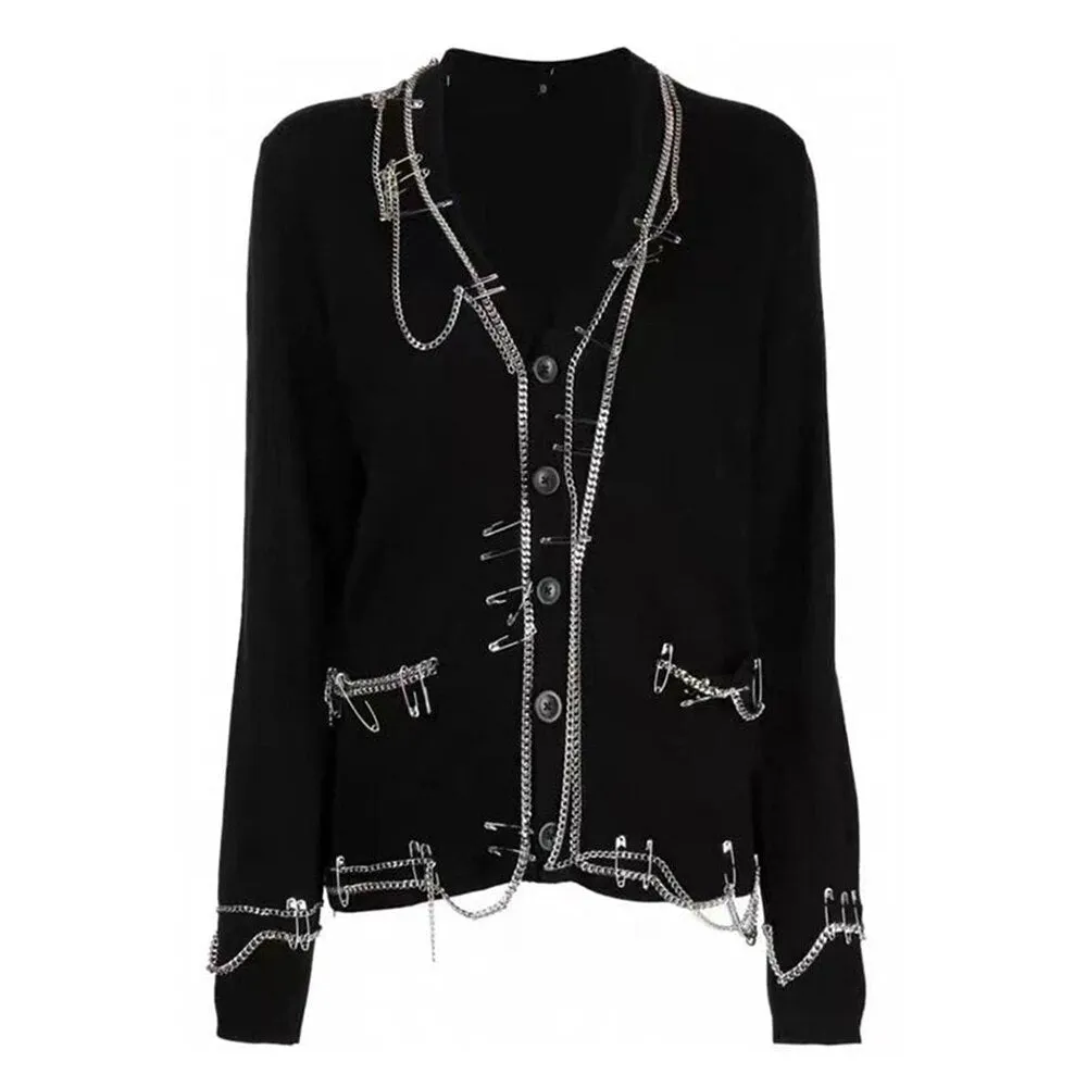 Spliced Chains Chic Knitting Sweaters For Women V Neck Long Sleeve Streetwear Loose Vintage Cardigans Female