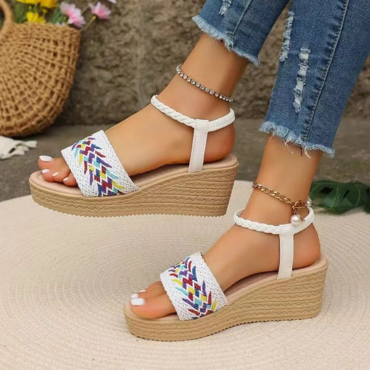 Super Cute Open Toe Wedge Woven Sandals