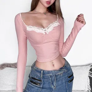 Sweet Korean Lace Trim Women's Tee Shirts Bow Cute Folds Slim Autumn T shirts Casual Coquette Clothes Cropped Top