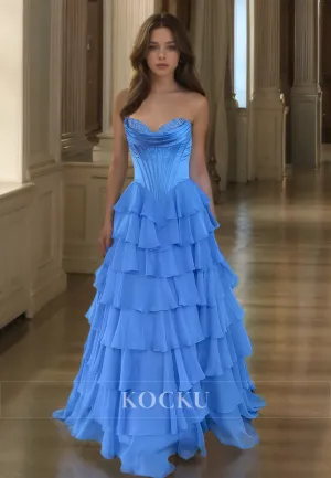 Sweetheart A-Line Sleeveless Stripe Ruched Appliques Lace Prom Dress with Train Formal Gowns