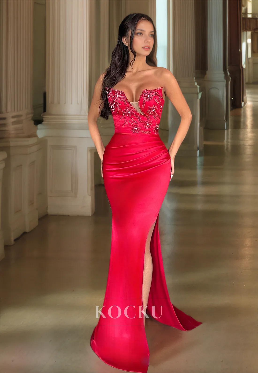 Sweetheart Mermaid Prom Dress Sleeveless Slit Floor-Length Applique Satin Evening Dress with Beads