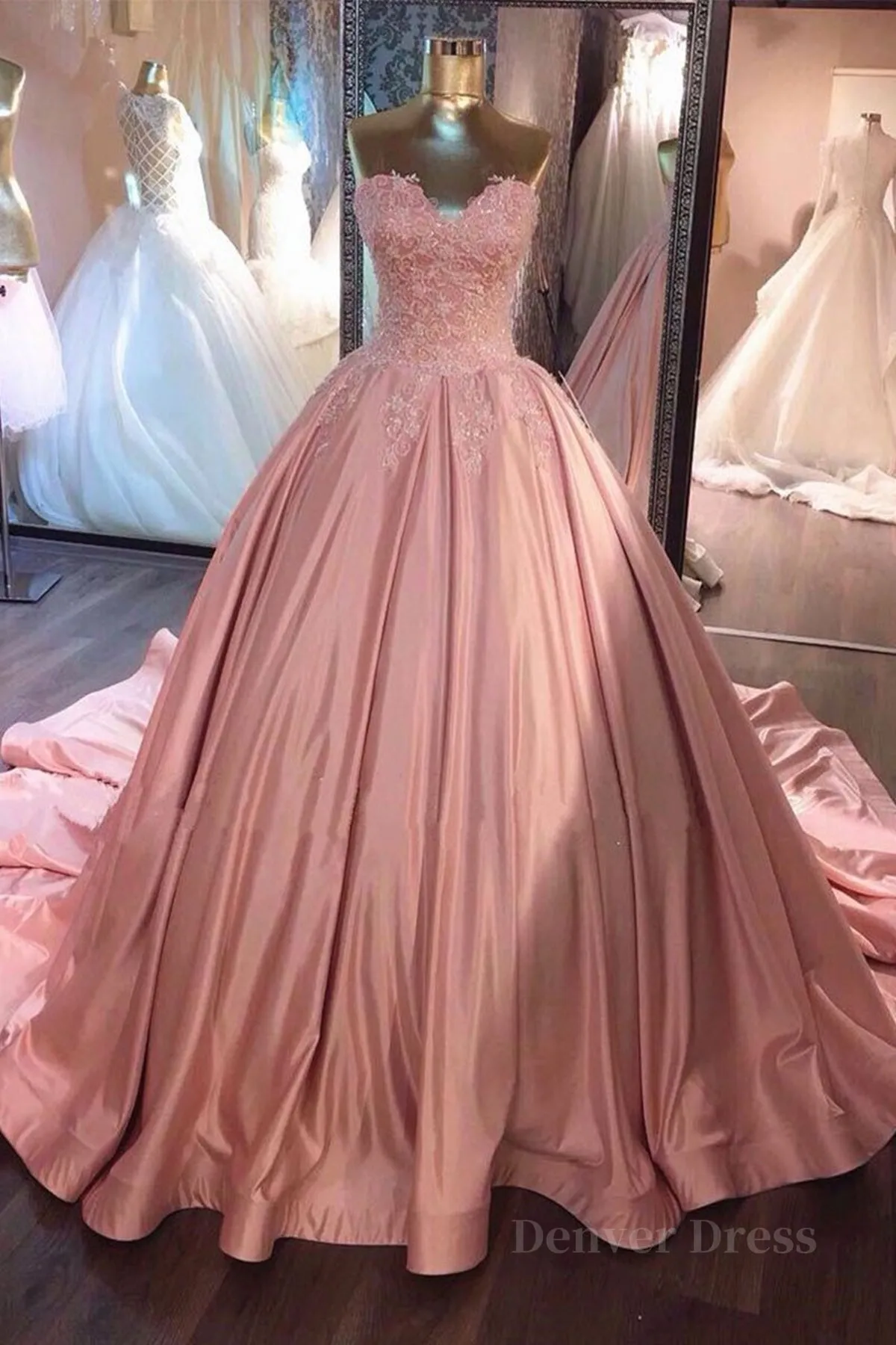 Sweetheart Neck Pink Lace Prom Dresses Pink Lace Long Formal Evening Dresses