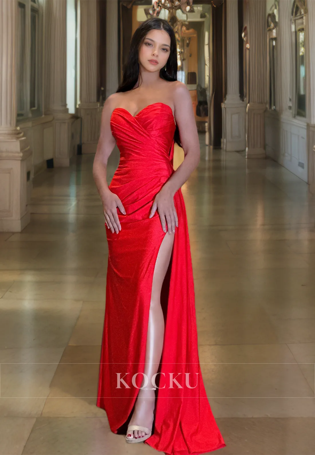 Sweetheart Sheath Prom Dress Sleeveless High Slit Pleated Satin Formal Gowns with Train