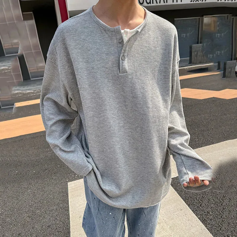 T-shirt Wrinkle Texture Long Sleeve Men's T-shirt Fashion Male Top Henry Collar Solid Color Casual Clothing 9C5224