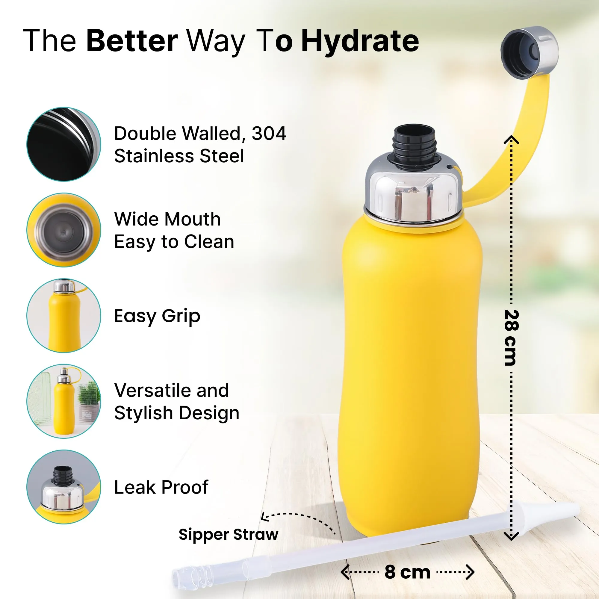 The Better Home 750ml | Insulated Thermosteel Bottle | Hot and Cold Water Bottle for Office, Gym, School | Leakproof | Vacuum Insulated Water Bottles | Easy Carry Flask for Kids/Adults | Yellow