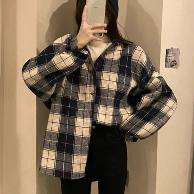 Thick Women Shirts Winter Warm Long Sleeve Vintage Plaid Female Button Up Coffee Ladies Coats Korean Casual Tops