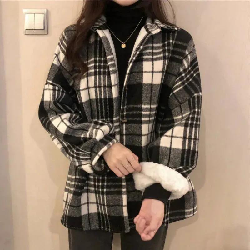 Thick Women Shirts Winter Warm Long Sleeve Vintage Plaid Female Button Up Coffee Ladies Coats Korean Casual Tops