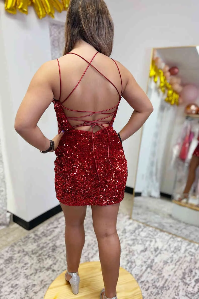 Tie Back Red Sequins Bodycon Homecoming Dress