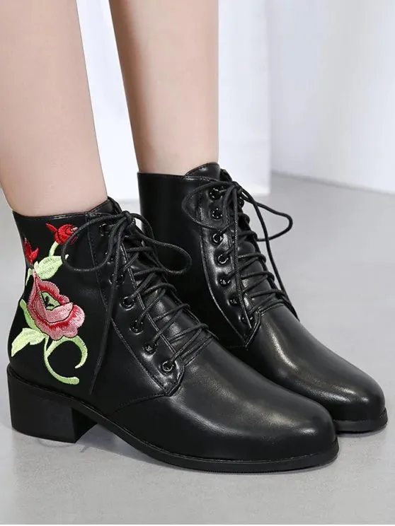 Trendy Embroidery Faux Leather Tie Up Ankle Boots