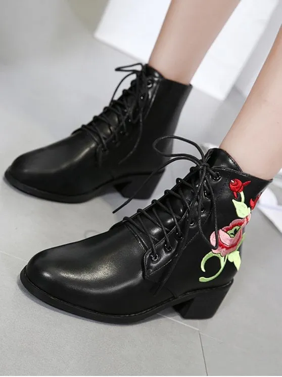 Trendy Embroidery Faux Leather Tie Up Ankle Boots