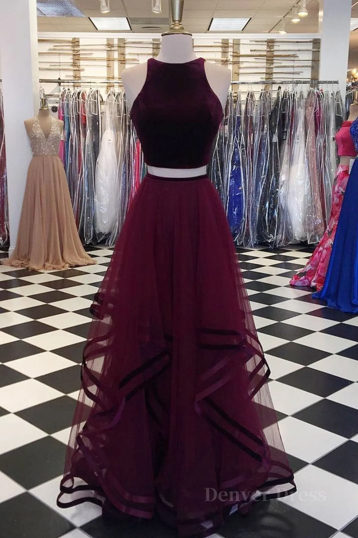 Two Pieces Maroon Long Prom Dress Dark Burgundy 2 Pieces Formal Evening Dresses