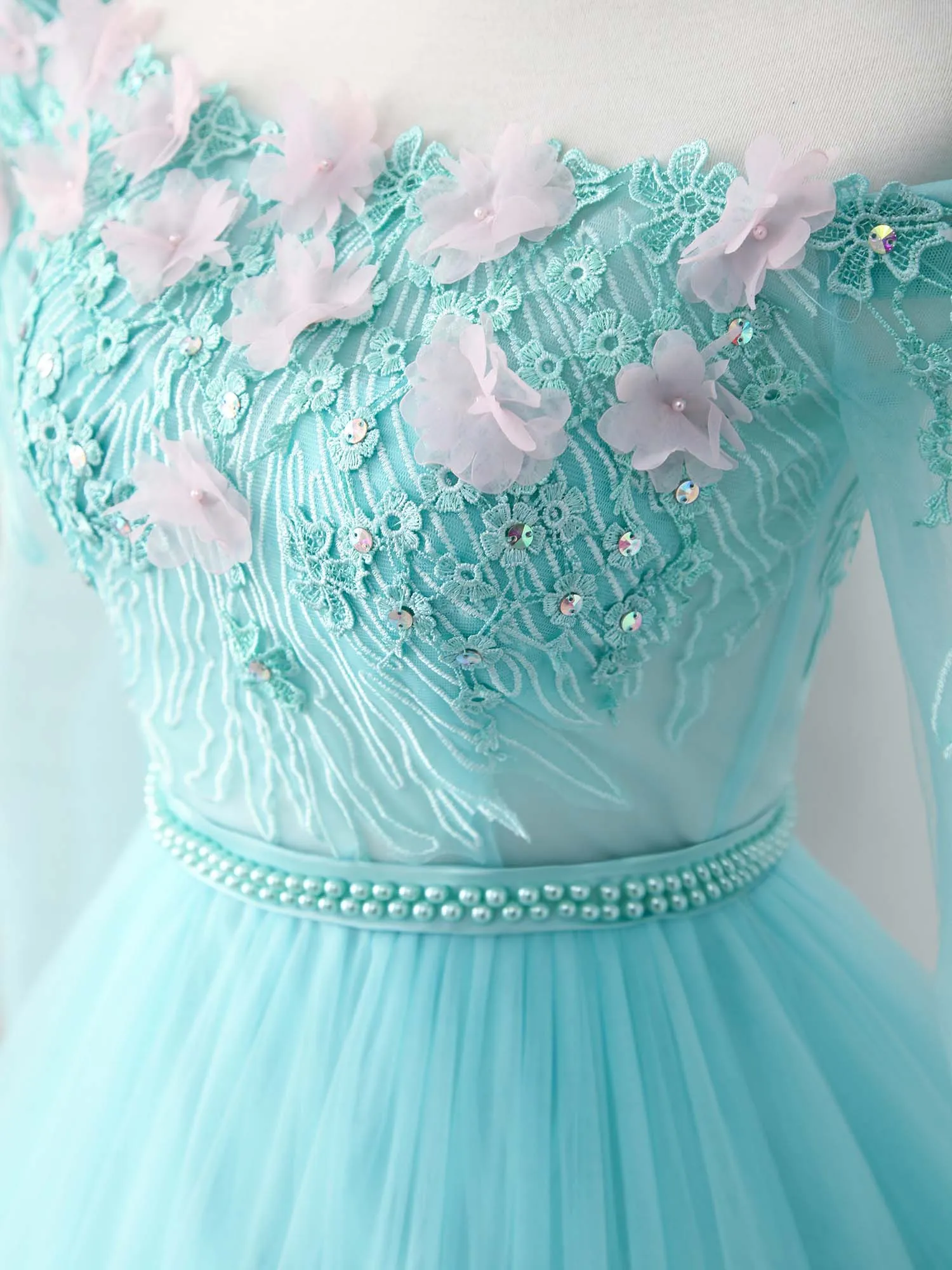 Unique Tulle Lace Applique Long Prom Dress, Green Evening Dress