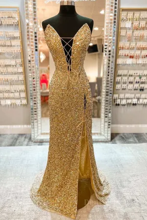 V Neck Mermaid Golden Sequins Long Prom Dress with High Slit Mermaid Golden Formal Dress Gold Sequins Evening Dress