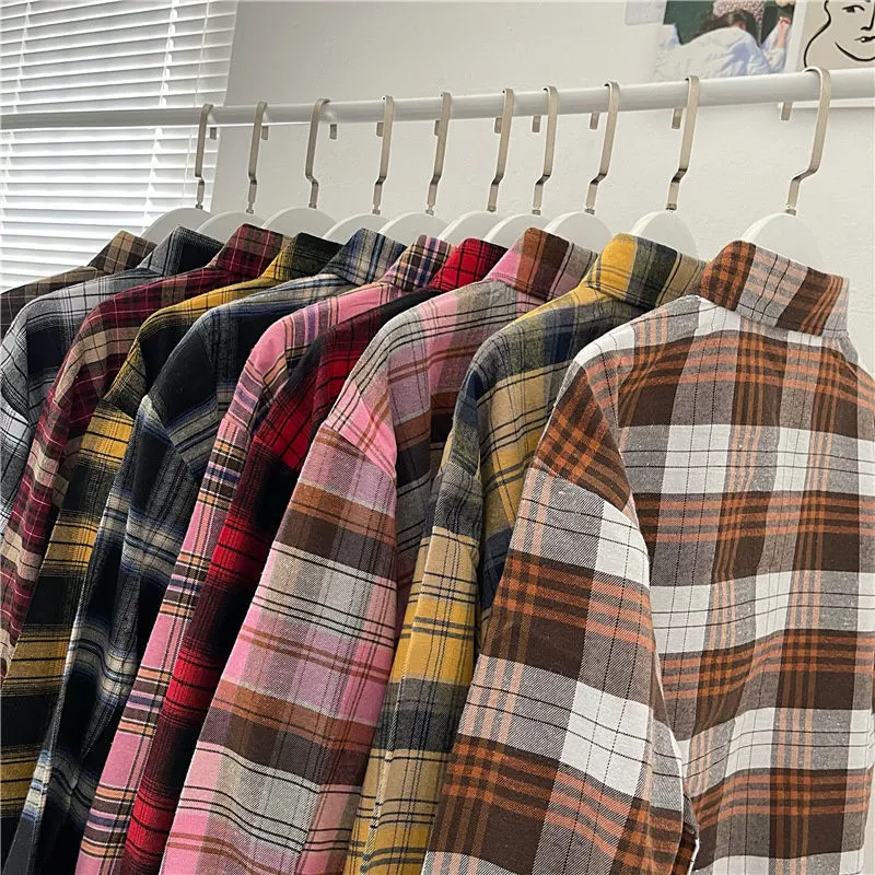 Vintage Plaid Shirts Fashion Button Up Spring Shirt Long Sleeve Turn Down Collar Tops Loose Oversize Ladies Tops