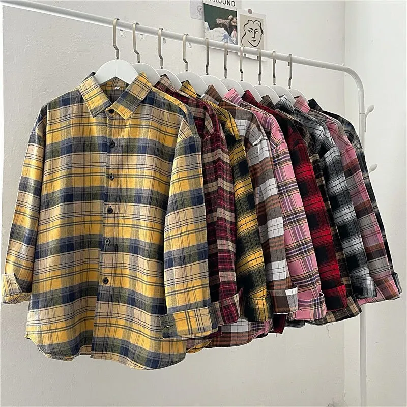 Vintage Plaid Shirts Fashion Button Up Spring Shirt Long Sleeve Turn Down Collar Tops Loose Oversize Ladies Tops