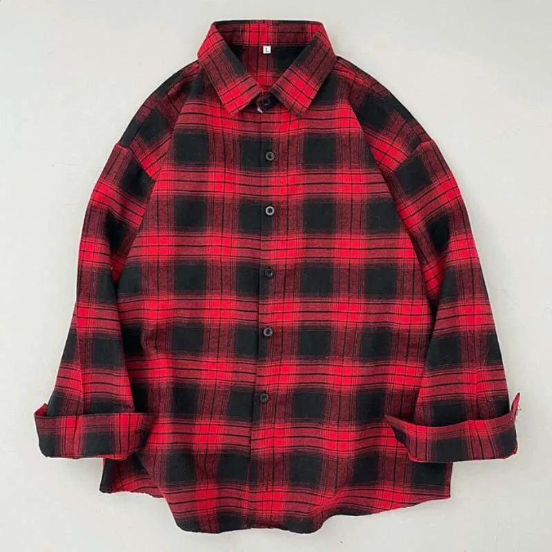 Vintage Plaid Shirts Fashion Button Up Spring Shirt Long Sleeve Turn Down Collar Tops Loose Oversize Ladies Tops