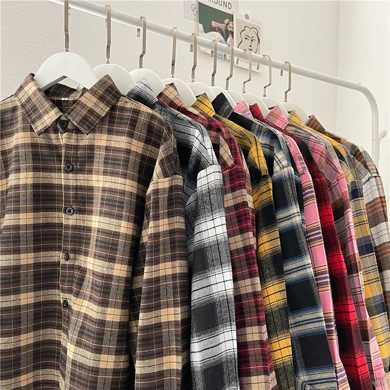 Vintage Plaid Shirts Fashion Button Up Spring Shirt Long Sleeve Turn Down Collar Tops Loose Oversize Ladies Tops