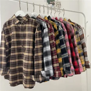 Vintage Plaid Shirts Fashion Button Up Spring Shirt Long Sleeve Turn Down Collar Tops Loose Oversize Ladies Tops