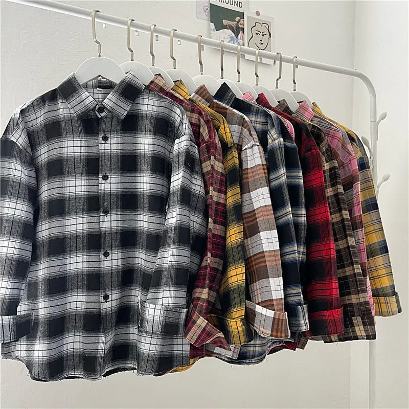 Vintage Plaid Shirts Fashion Button Up Spring Shirt Long Sleeve Turn Down Collar Tops Loose Oversize Ladies Tops