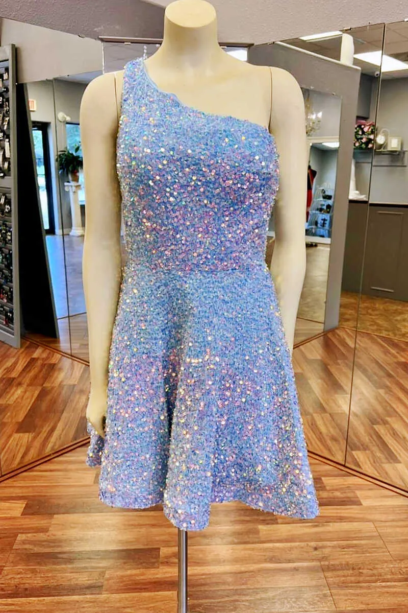 White Iridescent Sequin One Shoulder A Line Short Hoco Homecoming Dress