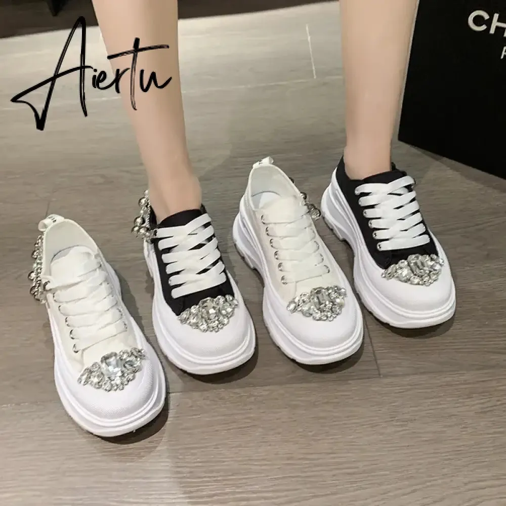 Women Chunky Sneakers Rhinestone Platform Sports Shoes Summer Height Increasing Casual Shoes 7CM High Heels Women Canvas Shoe