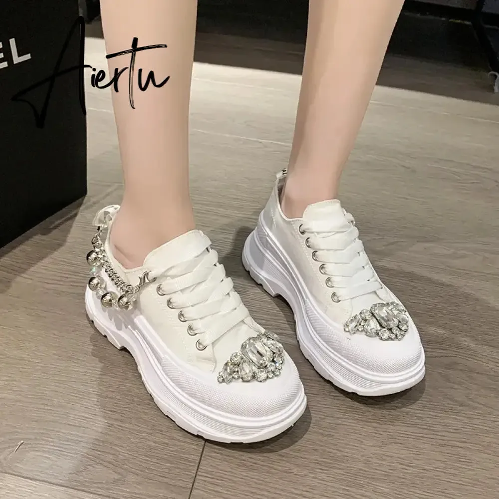 Women Chunky Sneakers Rhinestone Platform Sports Shoes Summer Height Increasing Casual Shoes 7CM High Heels Women Canvas Shoe