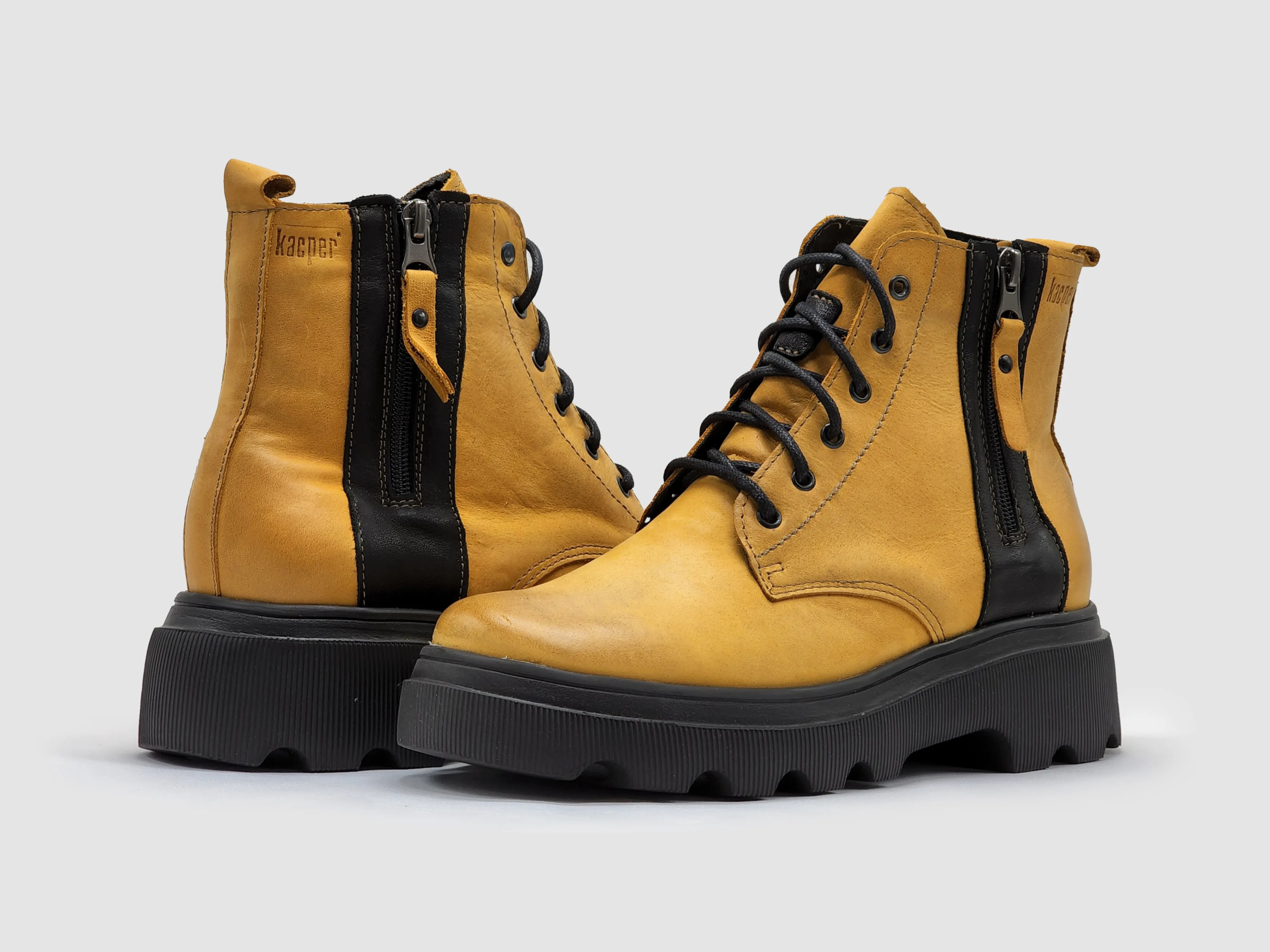 Women's Modern Lined Zip-Up Leather Boots - Yellow