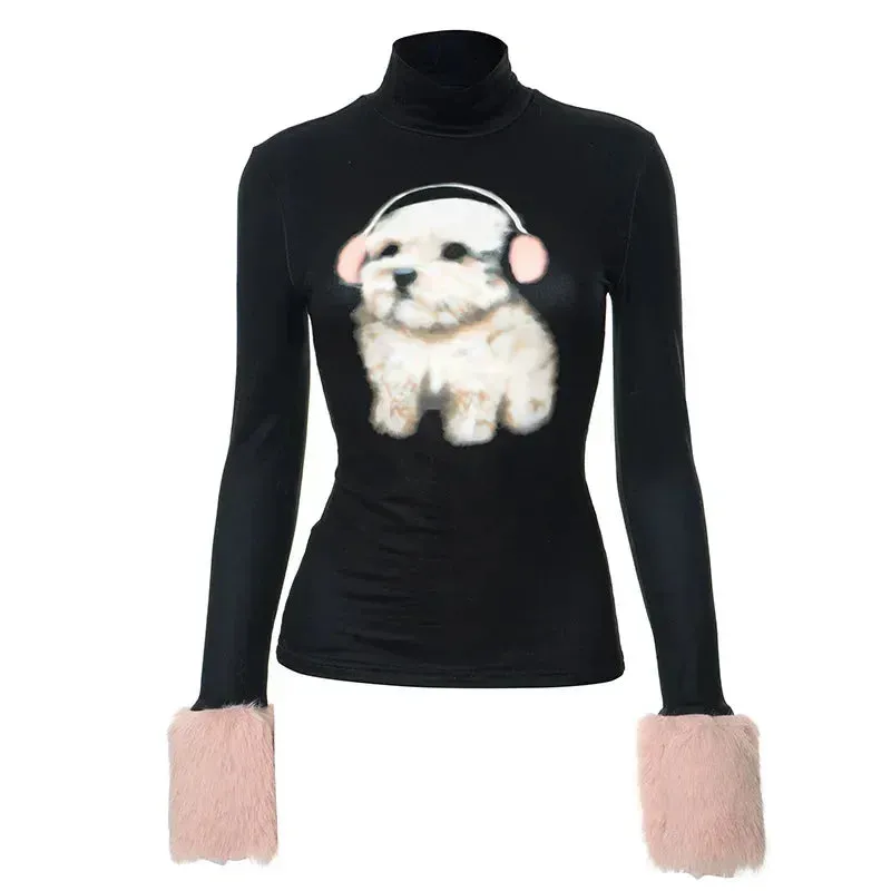 Y2k Cutecore Graphic T Shirts with Furry Cuffs Black Long Sleeve Top for Women Winter Kawaii Clothes P85-CZ21