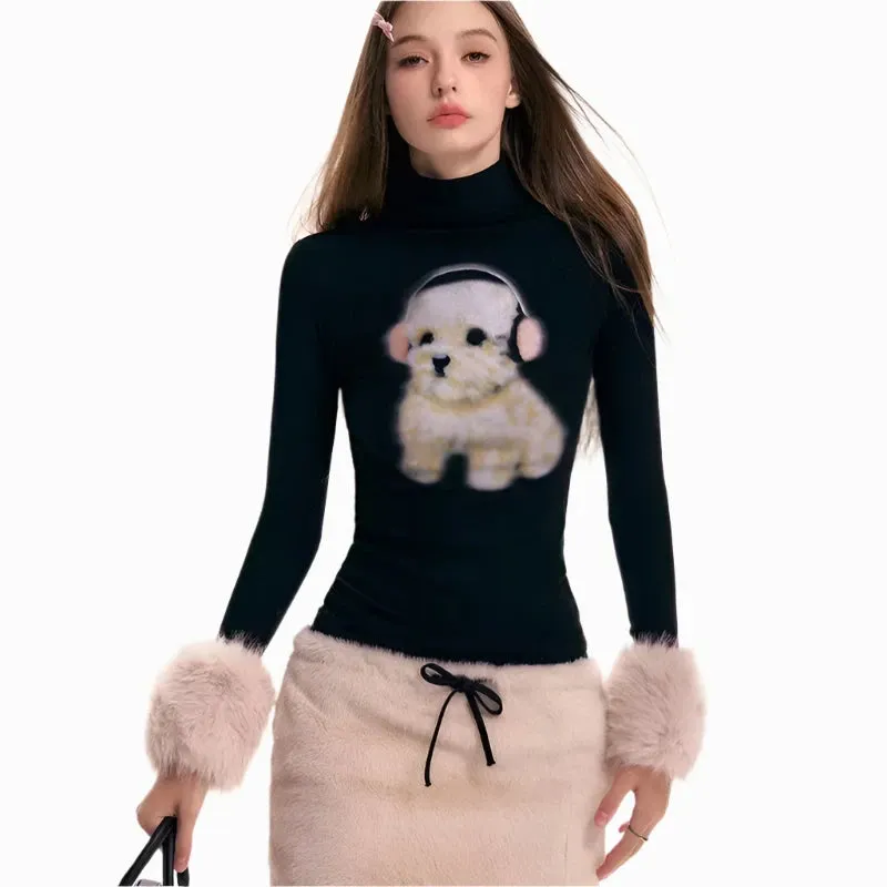 Y2k Cutecore Graphic T Shirts with Furry Cuffs Black Long Sleeve Top for Women Winter Kawaii Clothes P85-CZ21